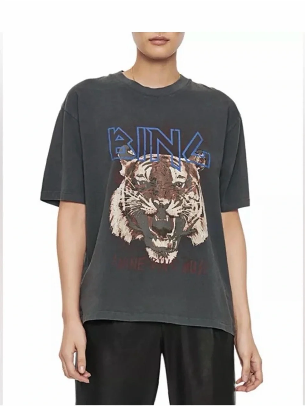 Anine Bing Black Tee with Brown Tiger Graphic
